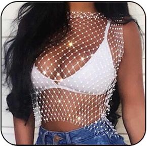 DRESBE womens Hollow Rhinestone Mesh Tank Tops Bikini Concert Party Crop Top