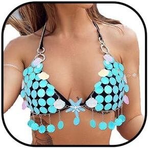 Sequin Body Chain Blue Starfish Shell Bikini Chain Bra Tassel Chest Chains Summer Beach Body Accessories for Women