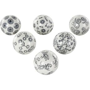 Deco 79 Ceramic Floral Handmade Orbs & Vase Filler Glossy Decorative Ball with Black Floral and Scroll Patterns, Set of 6 3" W, 3" H, White