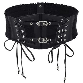 Urieo Lace-up Leather Corset Belt Elastic Tied Black Waspie Belt Stretchy Halloween Costume Cincher Waist Belts for Women