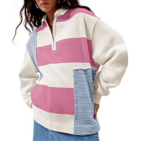 Fisoew Womens Color Block Sweatshirt Casual Fleece Quarter Zip Pullover Warm Patchwork Long Sleeve Fall Tops