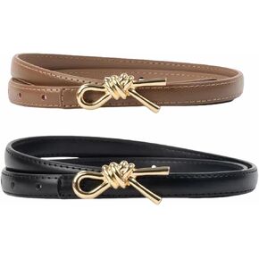 Women's Skinny Leather Belt Ladies Thin Waist Belt with Dark Gold Buckle-Ideal for Dresses, Jeans, and Coats,