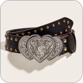 Western Leather Belt for Women Heart Buckle Ladies Belts for Jeans Pants Dresses Vintage Cowgirl Cowboy Belts
