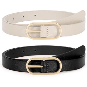 XZQTIVE 2 Pack Women's Skinny Leather Belt Thin Belt for Women with Gold Buckle Plus Size Waist Belt for Jeans Dresses Pants