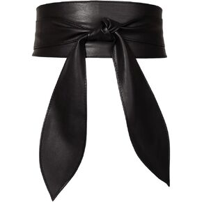 Women Obi Belt Bow Tie Wrap Wide Waistband Faux Leather Wide Cinch Belt for Dresses - Black
