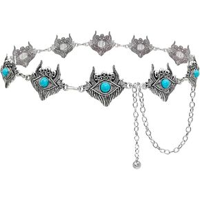 Turquoise Concho Belt Silver Skull Eyes Western Gothic Carving Waist Chain Belt for Women
