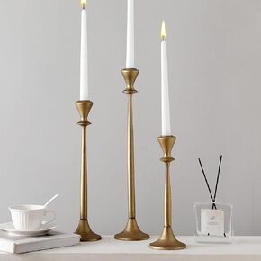 Set of 3 Vintage Gold Iron Taper Candlestick Holder Tall Brass Candle Holder Decorative Candle Stand, Candlestick Holder for Wedding, Dinning, Party (Antique Brass)