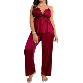 SHENHE Women's Plus Size Satin Pajamas 2 Piece Sleepwear Butterfly Lace Cami and Pants Pj Set