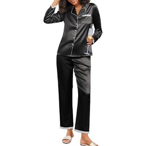 Ekouaer Satin Pajamas for Women Silk Long Sleeve Sleepwear Button Down Loungewear 2 Pieces Lace Soft Pjs Set