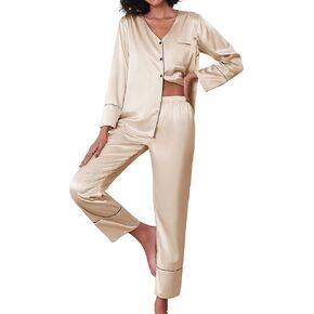 Ekouaer Silk Satin Pajamas 2 Piece Long Sleeve V Neck Shirt with Pants Pj Sets Silky Sleepwear Loungewear for Women
