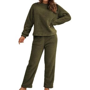 Women's Long Sleeve Pajama Set 2 Piece Sherpa Fleece Pullover Shirt and Pants Outfit Warm Loungewear Cozy Sleepwear