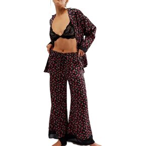 FOMOYUU Women Floral Print Silk Satin Pajama Set Long Sleeve Button Down Shirt Casual Loose Pants 2 Piece Outfits Sleepwear
