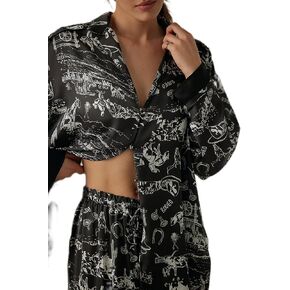 FOMOYUU Women Floral Print Silk Satin Pajama Set Long Sleeve Button Down Shirt Casual Loose Pants 2 Piece Outfits Sleepwear