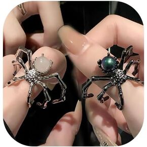 2pcs Moonstone Spider Band Rings Sets for Women Men Punk Animal Spider Finger Rings Insect Spider Open Rings Jewelry Halloween Accessories