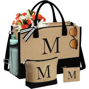 Monogrammed Tote Bags, 3pcs Happy Birthday Gifts For Women, Personalized Initial Jute Tote Bag for Her