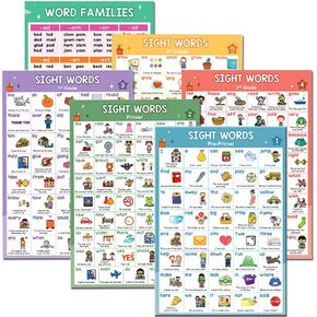 Lachilly Educational Learning Posters - Comprehensive Sight Words & Word Families, High Frequency Word Lists & Sentences, Teacher Teaching Aids for Preschool & Primary School, 11 x 16 inch, 6 Pcs