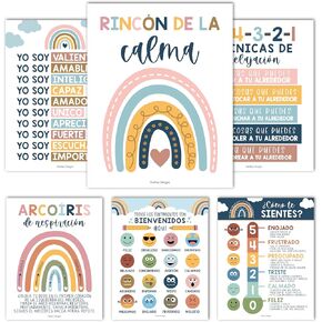 6 Boho Spanish Classroom Decorations for Teachers - Spanish Classroom Posters Elementary, Calm Down Corner Posters Spanish Classroom, Emociones Poster Spanish, Afirmaciones Positivas Español Poster