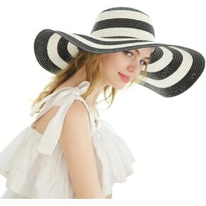 Womens Sun Straw Hat Wide Brim Sun Hat Sun Protection Straw Hat UV Foldable Roll Up Floppy Beach Cap Black and White