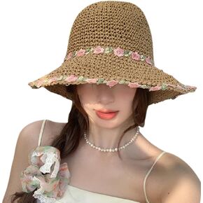 Packable Straw Sun Hats UV Protection Wide Brim Summer Beach Travel Flower Women