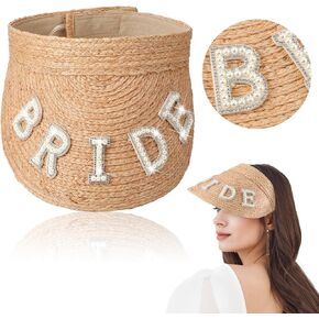 Bride Hat Pearl Letter Women's Sun Visor Broad Brim Straw Bride Beach Hat Bachelorette Beach Gift for Wedding Engagement Bridal Shower Travel Party Decorations