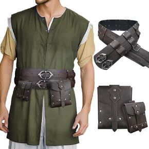 HiiFeuer Viking Wide Belt with 2 Pieces Medieval Studded Belt Pouch,Medieval Faux Leather Knight Set for Ren Faire