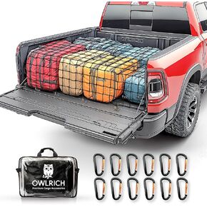 Heavy Duty Cargo Net for Pickup Truck Bed - 4'x6' Stretches to 12'x8.5' - Durable 4"x4" Latex Mesh Bungee Netting with 12 Metal Carabiners - Versatile for Dodge RAM, Ford, Chevy, Toyota & More
