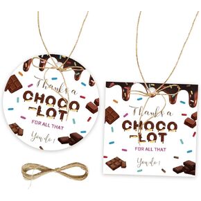 50pcs Chocolate Thank You Tags, Choco-Lot for All You Do Gift Tag with String for Grad Party, Round Thank You Paper Tags for Teacher Staff Birthday/Teacher Appreciation Party Favors