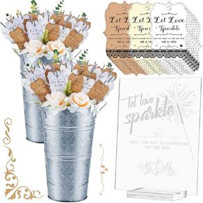 Henoyso 153 Pcs Wedding Sparkler Set Include 150 Pcs Lace Wedding Sparkler Tags 1 Acrylic Send Off Sign with Stand 2 Galvanized Metal Buckets for Party Decorations(12.2 Inch,White)