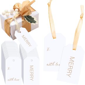 60 Pcs Christmas Holiday Letterpress Gift Tags Paper Labels Gift Wrapping Tags Crafts Party Gift Supplies with Ribbons for Christmas Gift Decoration Merry Christmas Full of Love