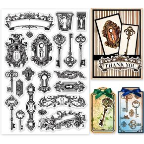 GLOBLELAND Vintage Lock Key Clear Stamps Retro Door Lock Clear Stamps Baroque Door Key Silicone Stamps for DIY Scrapbooking Photo Album Decorative Cards Making Home Decoration 8.27x5.83inch