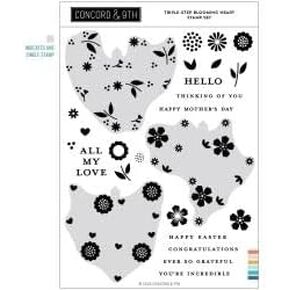 Concord & 9th - Triple Step Blooming Heart Stamp Set - 26 Clear Stamps on 6"x8" Sheet of Flowers, Hearts and Background for Cardmaking - Valentines Day - Mothers Day - Bereavement