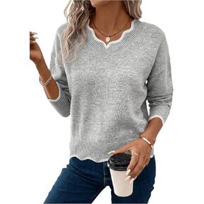 بلوفر نسائي من MakeMeChic بأكمام طويلة وأكمام طويلة وكتف منسدل ورقبة على شكل حرف V، قطع علوية متماسكة مضلعة صلبة