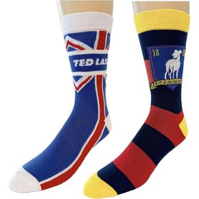 Warner Bros Ted Lasso 2 pack Men's Dress Crew Socks. 2 pair - AFC Richmond Logo Emblem & Ted Lasso Union Jack Flag - Men Sock Size 10-13 (TG11983)