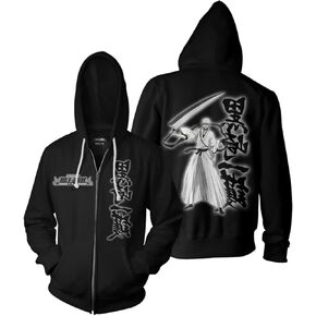 Bleach Adult Anime Full Zip Black Hoodie Ichigo Reverse Illustration with Kanji Officially Licensed