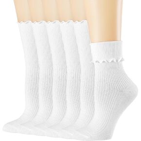 BIVOLU Womens Crew Socks Ruffle Cotton Cute Frilly Trim Breathable Ruffled Ankle Socks 6 Pack
