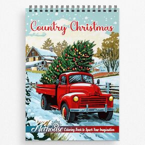 NETHOUSE Country Christmas Spiral Bound Adult Coloring Book, Softcover, 30 Enchanting Winter Coloring Pages Featuring Serene Country Scenes for Stress Relief and Relaxation