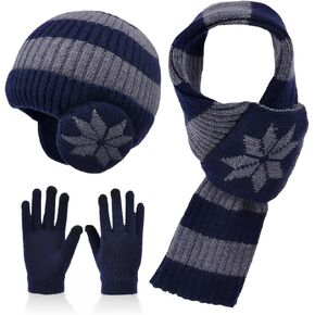 Kids Winter Hat Scarf Gloves Set 3Pcs, 3-12Y Fleece Lined Beanie With Earmuffs Double Layer Scarf Touchscreen Gloves Toddlers