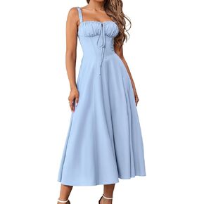 GLNEGE Women's Summer Corset Midi Dress Casual Lace Up Flowy Milkmaid Dresses A-Line Boho Sundress