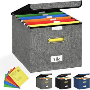Forogic Foldable Portable File Organizer with Lid Linen File Box with Hanging Folders Storage for Office, Home, Letter(2 Pack, Gray)