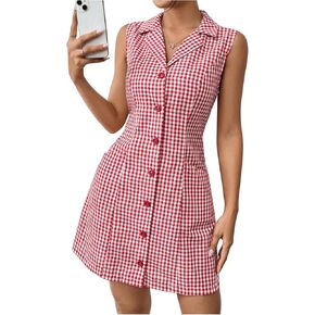 MakeMeChic Women's Plaid Gingham Lapel Button Down Short Dresses Sleeveless A Line Shirt Dress with Pocket