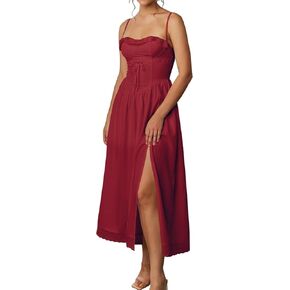 Summer Lace Midi Dress Spaghetti Strap Flowy A Line Slit Swing Dresses Sundresses for Women 2024 Casual Beach Vacation