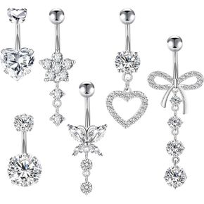 14G Belly Button Ring Pink CZ Navel Belly Piercing Jewelry Heart Butterfly Bow Flower Navel Belly Rings 316L Stainless Steel Dainty Dangly Dangling Belly Button Piercing for Women