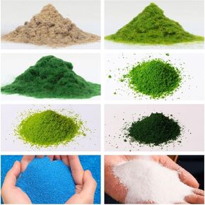 8 Pack Total 300Gram Scenery Basing Material Kit, Included Grass Cashmere Powder, Green Tree Powder, Sand for Creating Micro Landscape Building Miniatures, Dioramas, Snow, Grass, Moss Stick, River