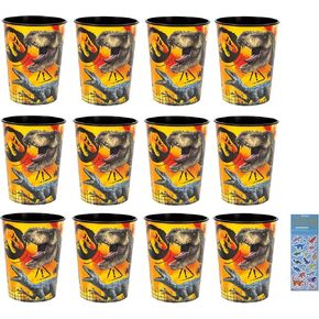 Unique Jurassic World 3 Birthday Party Supplies Bundle Pack includes 12 Reusable Plastic Cups and 1 Dinosaur Sticker Sheet