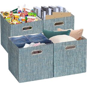 Collapsible Storage Bins,11×11 Foldable Storage Cube Boxes Fabric Drawer Fabric Storage Bins Vinyl Record| Set of 4 Cubby Cubes with Handles for Bookcase, Closet, Shelf, Cabinet (Blue) in Saudi Arabia