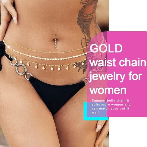 Nicute Layered Waist Chain Belt Gold Crystal Belly Chain Sparkly Summer Beach Bikini Waist Jeweley for Women in Saudi Arabia