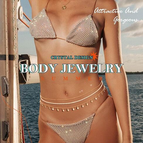 Nicute Layered Waist Chain Belt Gold Crystal Belly Chain Sparkly Summer Beach Bikini Waist Jeweley for Women in Saudi Arabia