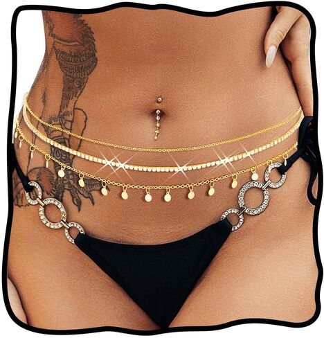 Nicute Layered Waist Chain Belt Gold Crystal Belly Chain Sparkly Summer Beach Bikini Waist Jeweley for Women in Saudi Arabia