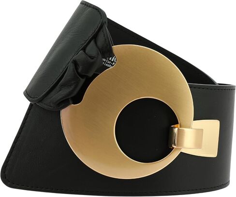 FASHIONGEN Women's wide genuine leather belt with a round cross buckle SOLAINE in Kuwait