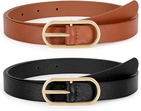 XZQTIVE 2 Pack Women's Skinny Leather Belt Thin Belt for Women with Gold Buckle Plus Size Waist Belt for Jeans Dresses Pants in Kuwait